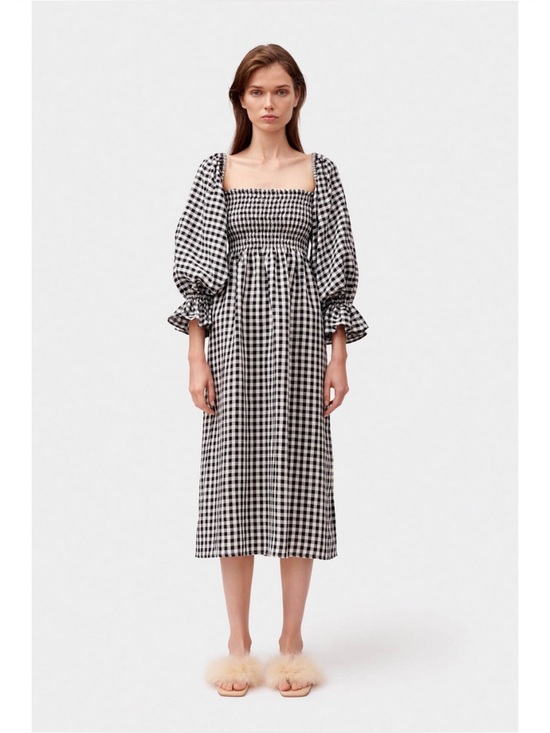 SLEEPER /Atlanta Smocked Gingham Midi Dress Puff Sleeves - Sz L - NWT - Picture 4 of 13